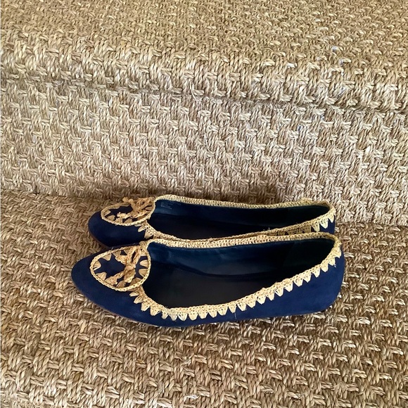 TORY BURCH NATASHA BLUE SUEDE AND RAFFIA STRAW BALLET FLATS SZ 9 MED - Picture 2 of 3
